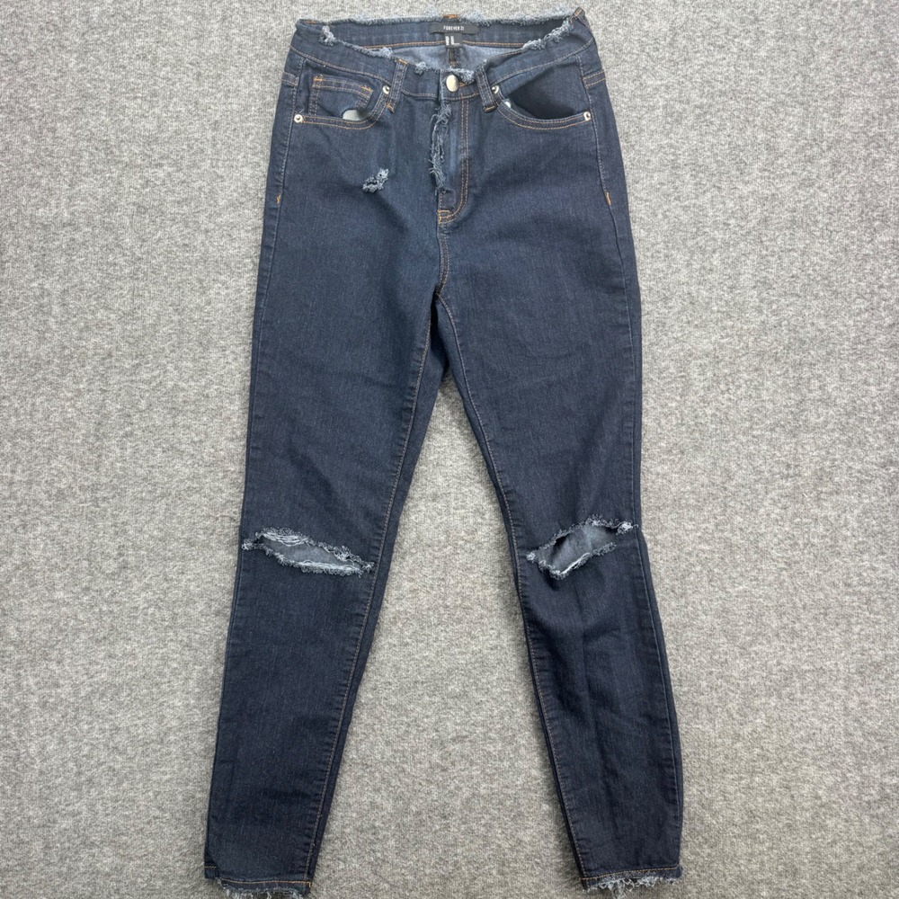 Forever 21 Women Dark Wash Distressed Skinny Jeans High Rise Frayed Waist 27